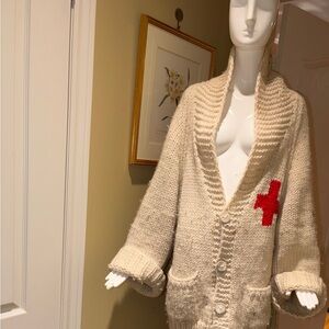 Gogo Snow Babe Sweater. Cream Cardigan with Snow Babe Red Accent